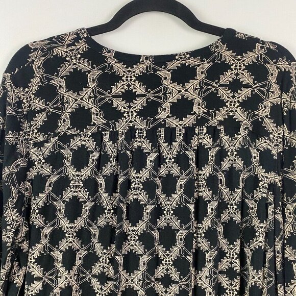 Lucky Brand Black Tan Patterned Button Cuff Sleeve Blouse XL Boho Peasant - Picture 8 of 11